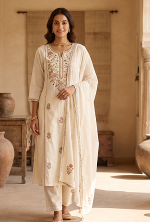 Ivory Floral Embroidered Cotton Kurta Set