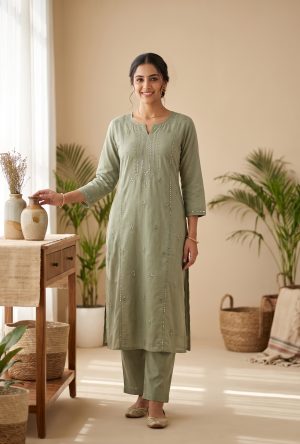 Sage Embroidered Cotton Co-ord Set