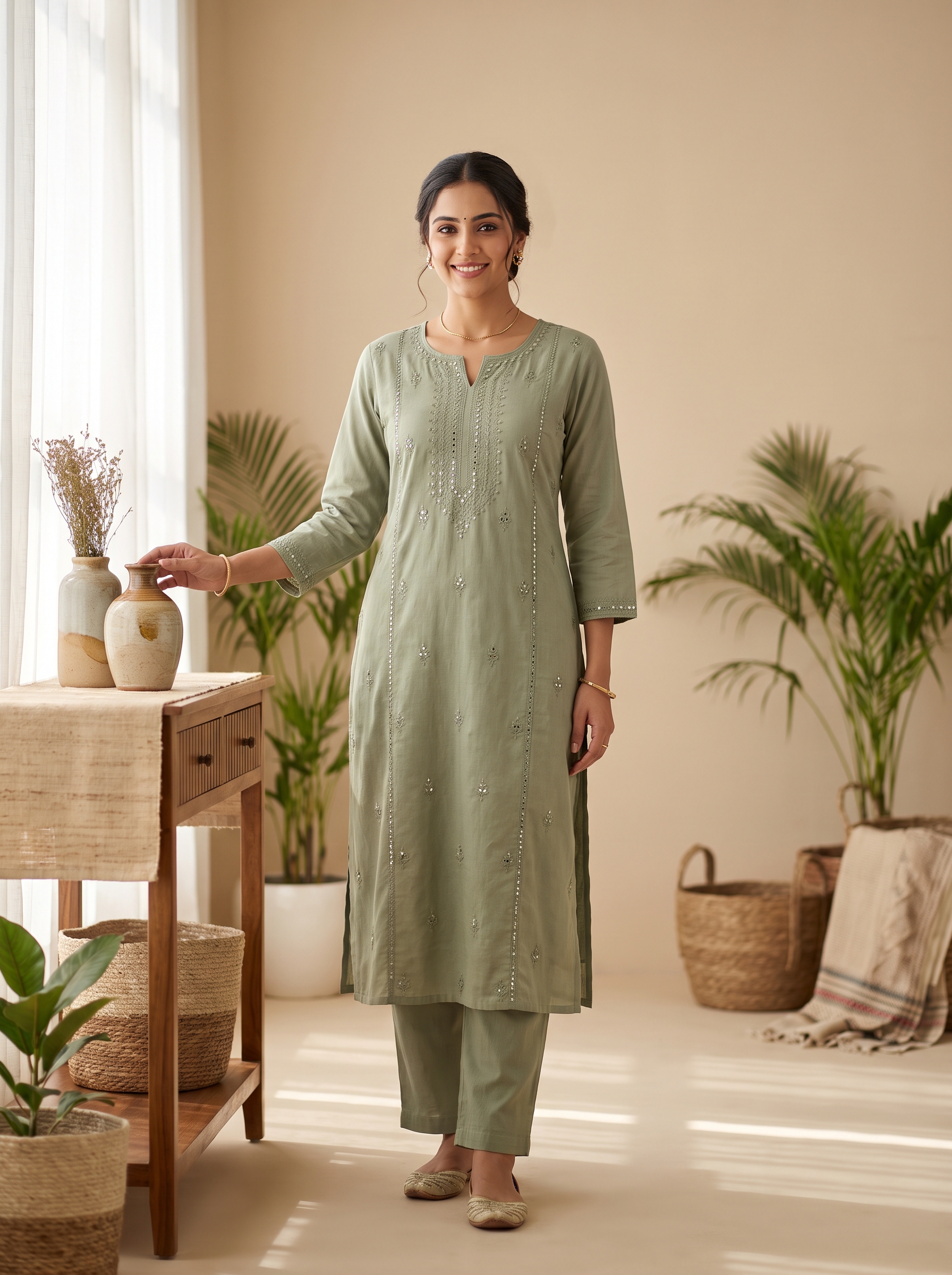 Sage Embroidered Cotton Co-ord Set