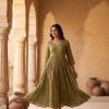 Olive Printed Anarkali Cotton Dress