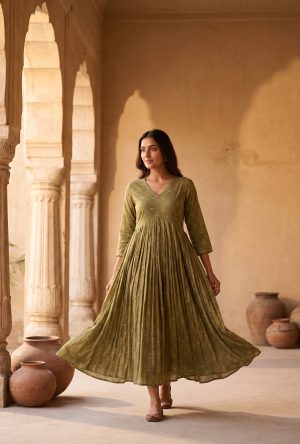 Olive Printed Anarkali Cotton Dress
