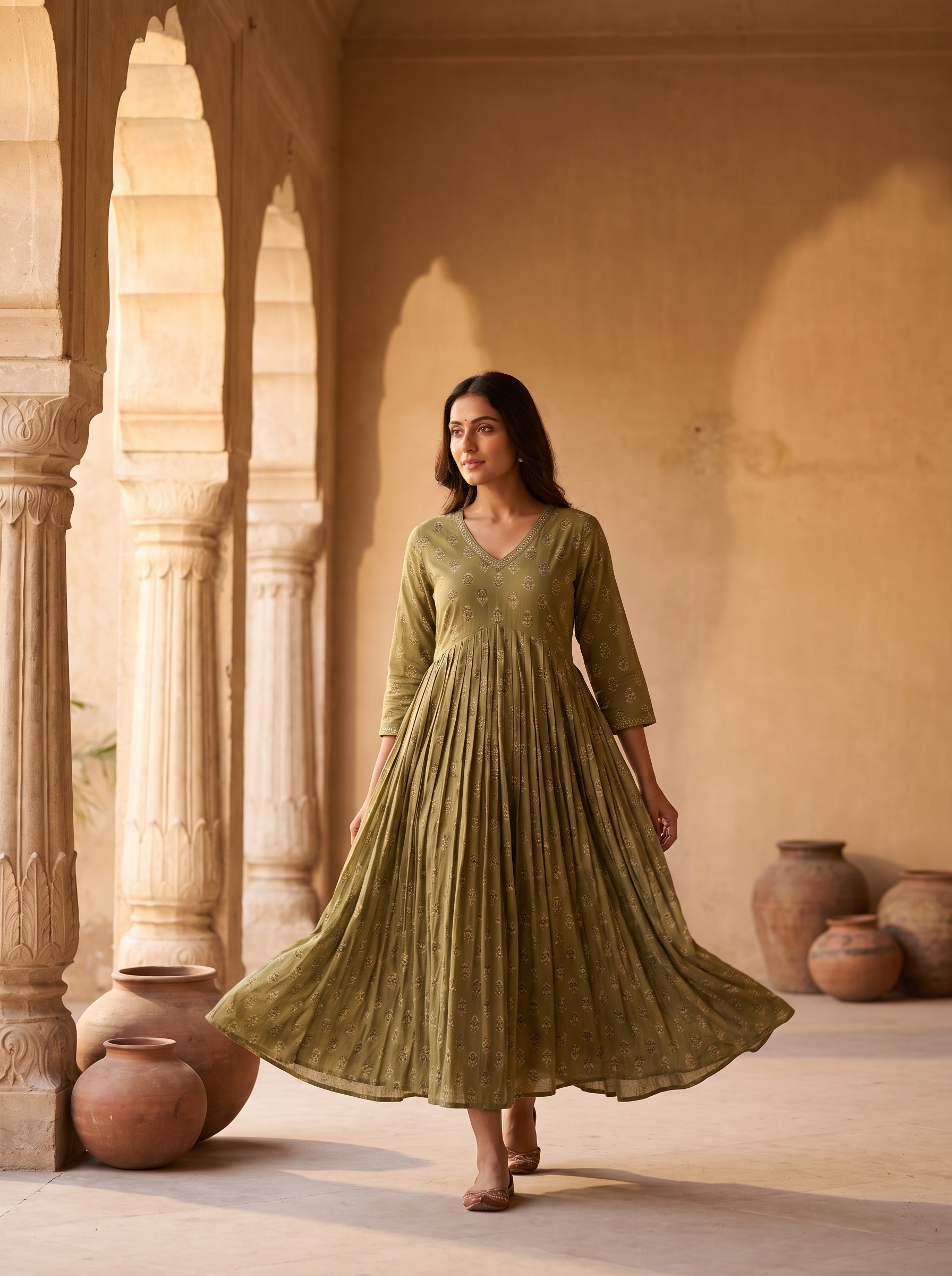 Olive Printed Anarkali Cotton Dress