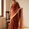 Rust Handwoven Linen Saree with Zari Border - Image 2