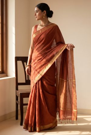 Alternative view of New Rust Handwoven Linen Saree with Zari Border