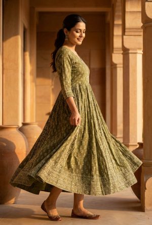Alternative view of Olive Printed Anarkali Cotton Dress