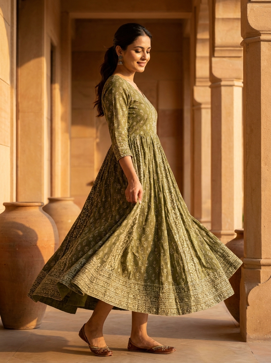 Olive Printed Anarkali Cotton Dress - Image 2
