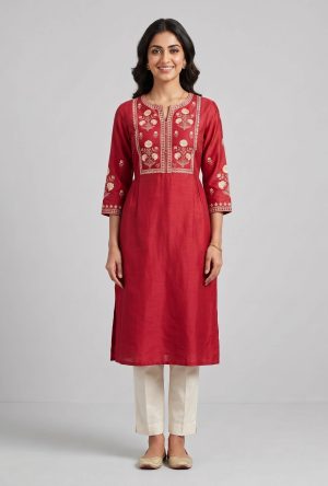 Crimson Red Ivory Printed Straight Kurta Set