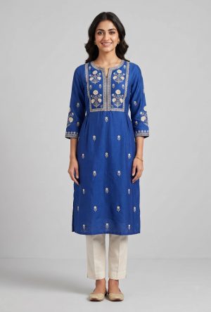 New Royal Blue Ivory Printed Straight Kurta Set