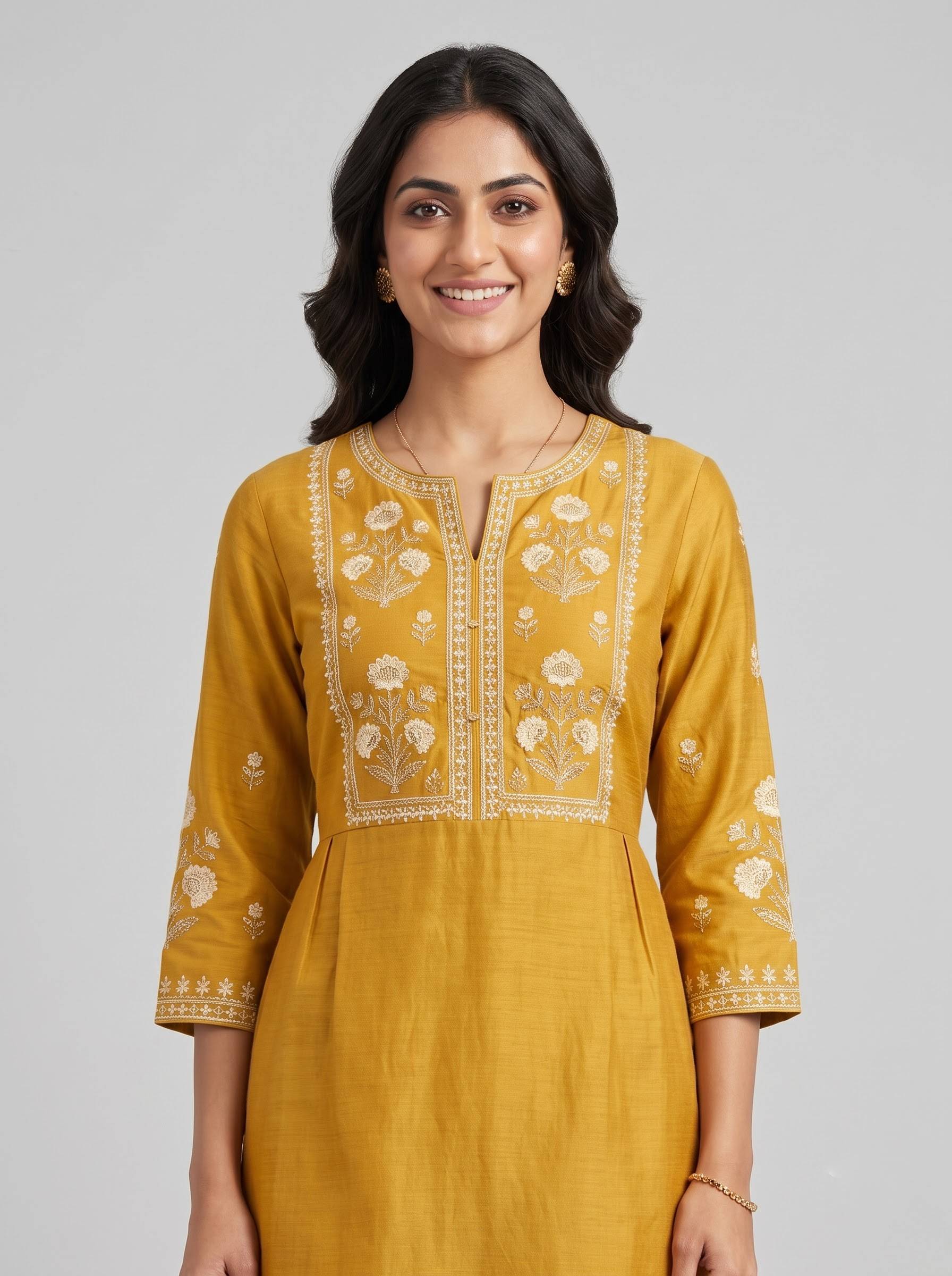 Golden Yellow Ivory Printed Straight Kurta Set - Image 4