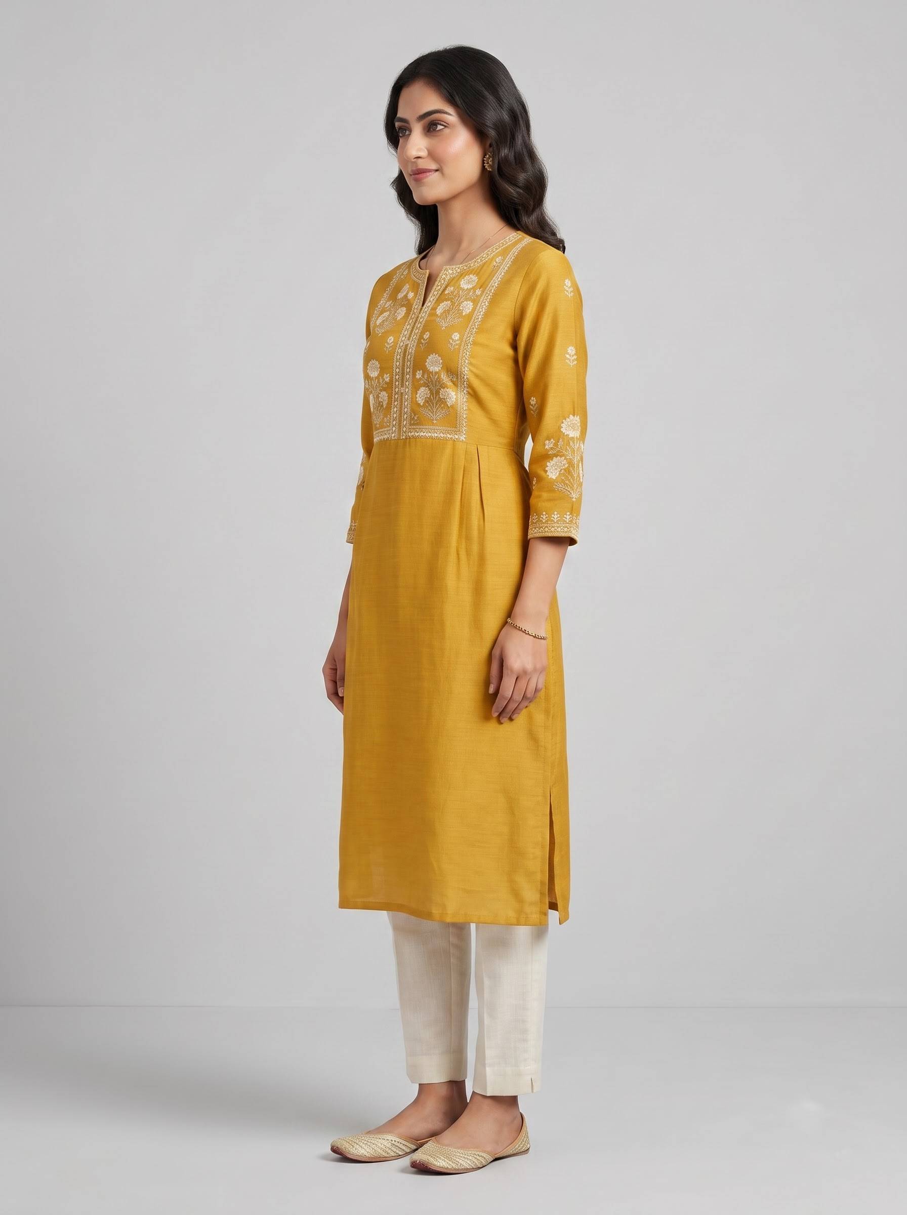 Golden Yellow Ivory Printed Straight Kurta Set - Image 3