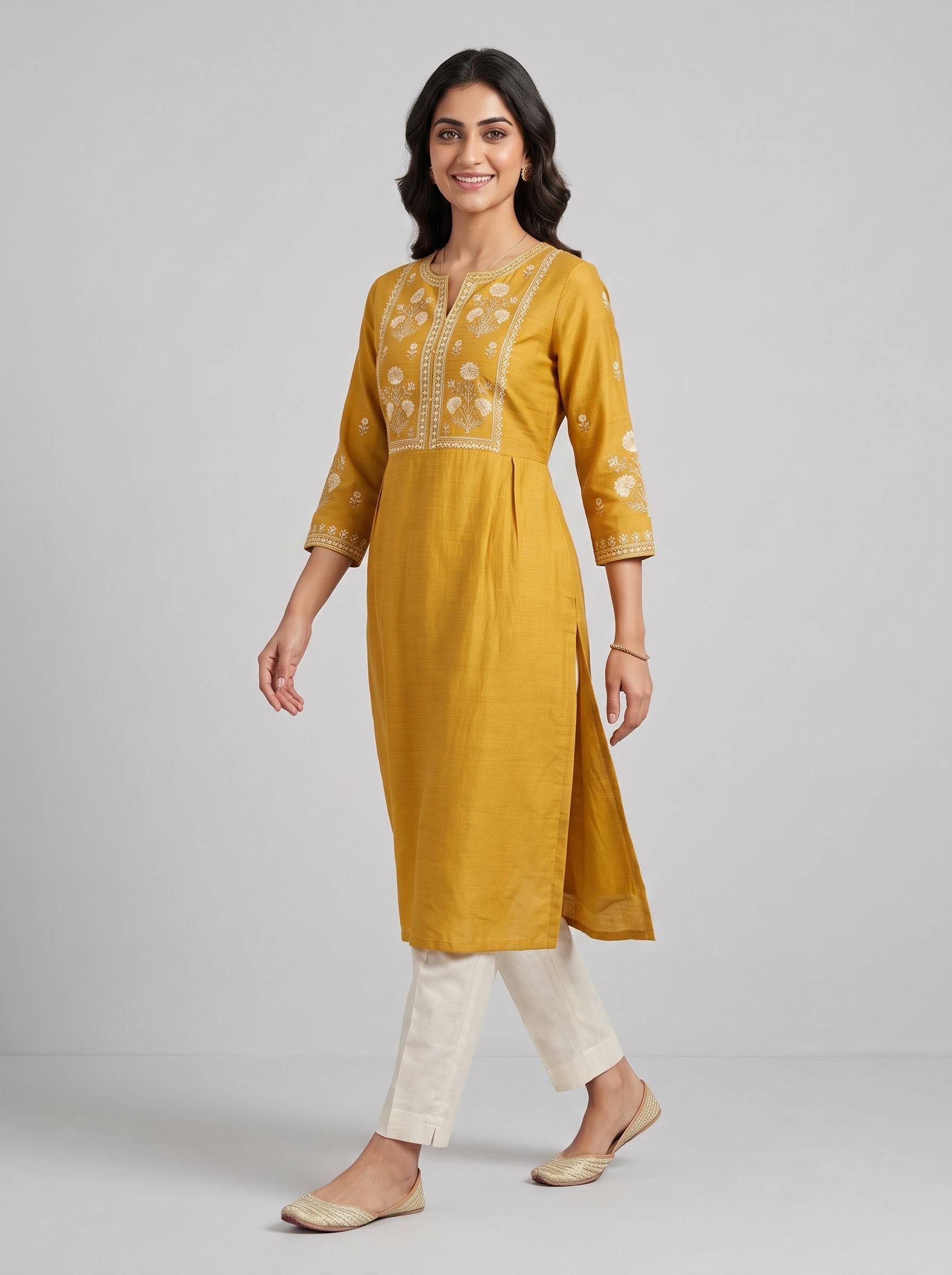 Golden Yellow Ivory Printed Straight Kurta Set - Image 2