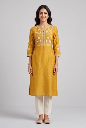 Golden Yellow Ivory Printed Straight Kurta Set