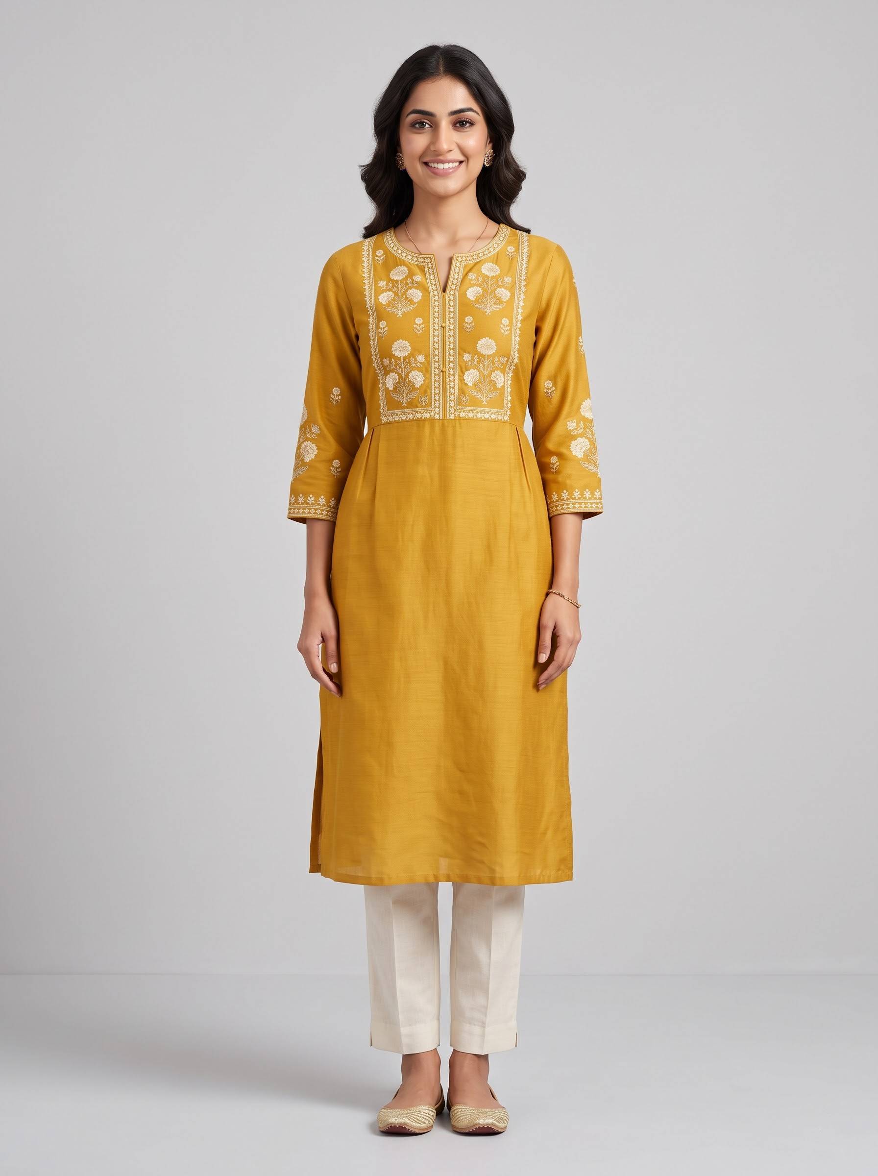 Golden Yellow Ivory Printed Straight Kurta Set