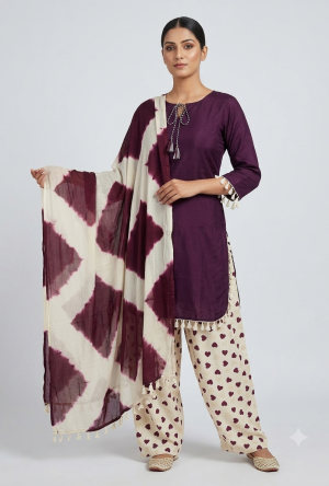 3pc Wine Purple Rayon Suit Set with Printed Bottom & Fringe Lace