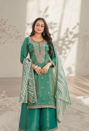 Alternative view of Emerald Green Chanderi Silk Straight Kurta Set with Intricate Gold Zari Yoke Embroidery, Maroon Accents & Printed Dupatta a