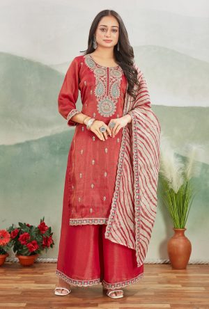 Rani Pink Chanderi Silk Straight Kurta Set with Intricate Zari Yoke Embroidery, Teal Threadwork & Embroidered Dupatta