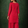 Gajri Coral Red Slub Cotton Straight Tunic Farsi Suit Set with Decorative Gold Buttons & Minimalist V-Notch Collar - Image 4