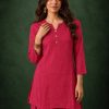 Gajri Coral Red Slub Cotton Straight Tunic Farsi Suit Set with Decorative Gold Buttons & Minimalist V-Notch Collar