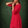 Gajri Coral Red Slub Cotton Straight Tunic Farsi Suit Set with Decorative Gold Buttons & Minimalist V-Notch Collar - Image 3