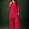 Gajri Coral Red Slub Cotton Straight Tunic Farsi Suit Set with Decorative Gold Buttons & Minimalist V-Notch Collar - Image 2