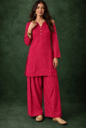 Alternative view of Gajri Coral Red Slub Cotton Straight Tunic Farsi Suit Set with Decorative Gold Buttons & Minimalist V-Notch Collar