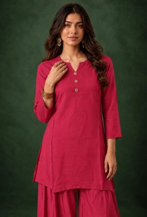 Gajri Coral Red Slub Cotton Straight Tunic Farsi Suit Set with Decorative Gold Buttons & Minimalist V-Notch Collar