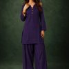 Deep Royal Blue Slub Cotton Straight Tunic Farsi Suit Set with Decorative Gold Buttons & Minimalist V-Notch Neckline - Image 4