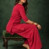 Gajri Coral Red Slub Cotton Straight Tunic Farsi Suit Set with Decorative Gold Buttons & Minimalist V-Notch Collar - Image 5