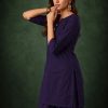 Deep Royal Blue Slub Cotton Straight Tunic Farsi Suit Set with Decorative Gold Buttons & Minimalist V-Notch Neckline - Image 2