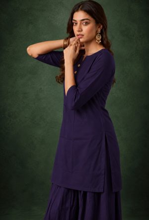 Alternative view of Deep Royal Blue Slub Cotton Straight Tunic Farsi Suit Set with Decorative Gold Buttons & Minimalist V-Notch Neckline