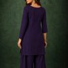Deep Royal Blue Slub Cotton Straight Tunic Farsi Suit Set with Decorative Gold Buttons & Minimalist V-Notch Neckline - Image 5