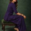 Deep Royal Blue Slub Cotton Straight Tunic Farsi Suit Set with Decorative Gold Buttons & Minimalist V-Notch Neckline - Image 3