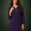 Deep Royal Blue Slub Cotton Straight Tunic Farsi Suit Set with Decorative Gold Buttons & Minimalist V-Notch Neckline
