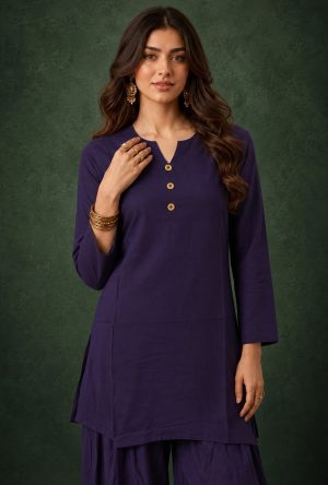 Deep Royal Blue Slub Cotton Straight Tunic Farsi Suit Set with Decorative Gold Buttons & Minimalist V-Notch Neckline
