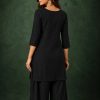 Jet Black Slub Cotton Straight Tunic Farsi Suit Set with Decorative Gold Buttons & Minimalist Placket - Image 5