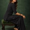 Jet Black Slub Cotton Straight Tunic Farsi Suit Set with Decorative Gold Buttons & Minimalist Placket - Image 2
