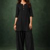 Jet Black Slub Cotton Straight Tunic Farsi Suit Set with Decorative Gold Buttons & Minimalist Placket - Image 3