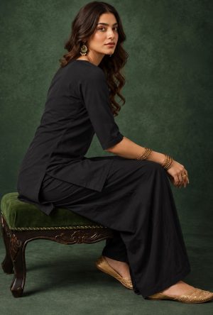 Alternative view of Jet Black Slub Cotton Straight Tunic Farsi Suit Set with Decorative Gold Buttons & Minimalist Placket