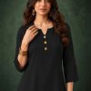 Jet Black Slub Cotton Straight Tunic Farsi Suit Set with Decorative Gold Buttons & Minimalist Placket