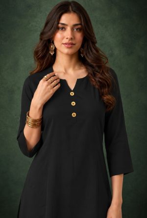Jet Black Slub Cotton Straight Tunic Farsi Suit Set with Decorative Gold Buttons & Minimalist Placket