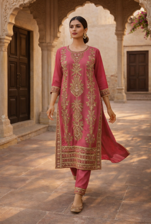 Alternative view of Rose Wine Pure Georgette Pakistani Straight Kurta Set with Heavy Antique Gold Zari & Sequin Embroidery