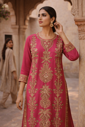 Rose Wine Pure Georgette Pakistani Straight Kurta Set with Heavy Antique Gold Zari & Sequin Embroidery