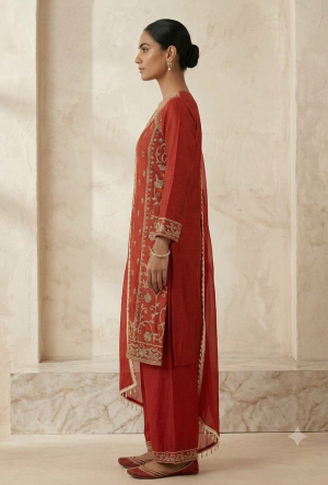 Alternative view of Scarlet Red Georgette Straight-Cut Short Kurta Palazzo Set with Lattice Yoke & Gold Zari Floral Embroidery