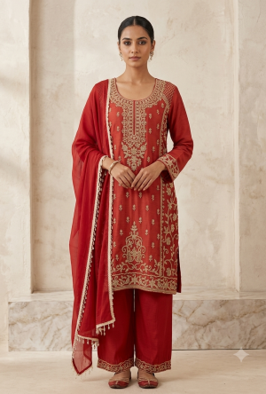 Scarlet Red Georgette Straight-Cut Short Kurta Palazzo Set with Lattice Yoke & Gold Zari Floral Embroidery