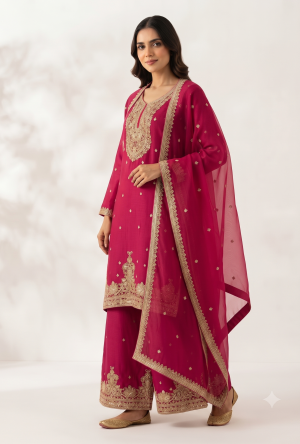 Rani Pink Pure Georgette Short Kurta Palazzo Set with Heavy Antique Gold Zari Neck Yoke, Scalloped Hem & Embroidered Palazzo (3-Piece Set)