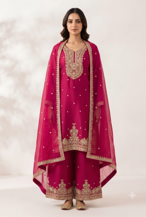 Rani Pink Pure Georgette Short Kurta Palazzo Set with Heavy Antique Gold Zari Neck Yoke, Scalloped Hem & Embroidered Palazzo (3-Piece Set)