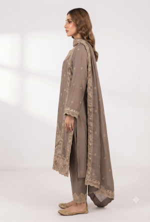 Mocha Brown Tissue Silk Straight Long Kurta Palazzo Set with Cutwork Neckline, Zari Embroidery & Mirror Work Hem (3-Piece Set)
