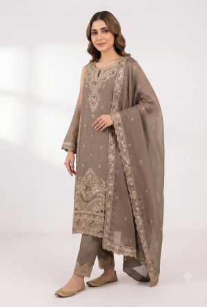 Mocha Brown Tissue Silk Straight Long Kurta Palazzo Set with Cutwork Neckline, Zari Embroidery & Mirror Work Hem (3-Piece Set)