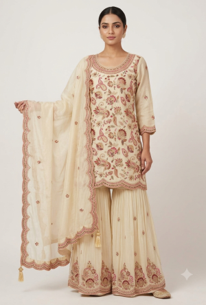 Pure Silk Slub Short Kurta Set with Crimson & Coral Paisley Hand-Embroidery, Scalloped Border & Sharara Trousers (3-Piece Set)