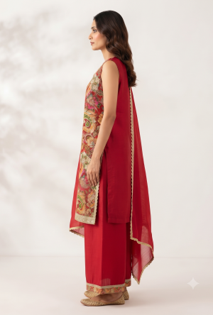 Pure Georgette Sleeveless Kurta Set with All-Over Multi-Color Paisley Resham Threadwork, Sequin Borders & Matching Dupatta (3-Piece Set)
